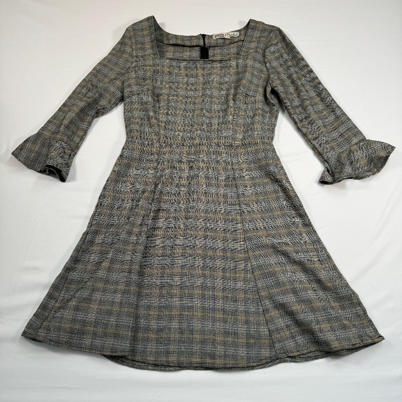 Gypsies Moondust Plaid Mini Dress Womens Sz M  Fit Flare 3/4 Length Bell Sleeve - Picture 1 of 7
